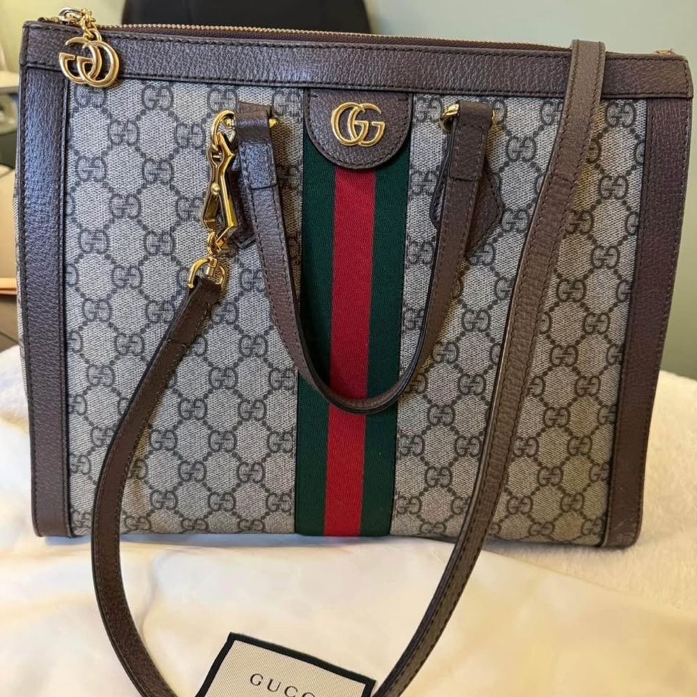 Gucci Beige and Brown Shoulder Bag with Red and Green Stripe